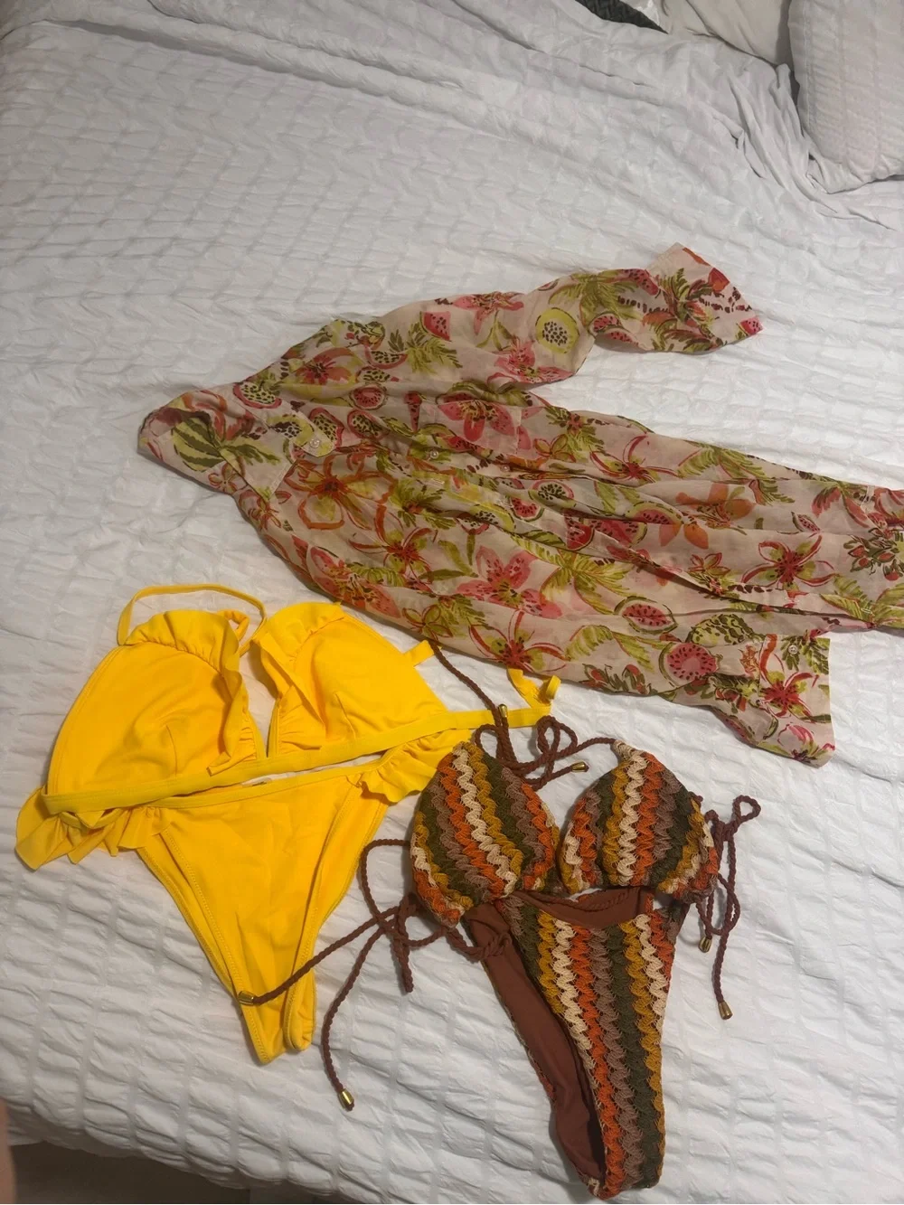 One-Piece Swim Cover and Two Bikini Set in Yellow, Brown, Green